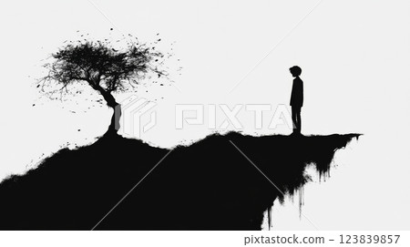 Lonely boy stands near a solitary tree on a cliff 123839857