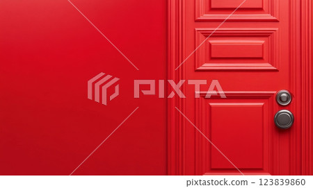 Vibrant red door with matching wall enhances the entryway 123839860