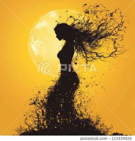 Silhouette of a woman surrounded by swirling natural elements 123839926