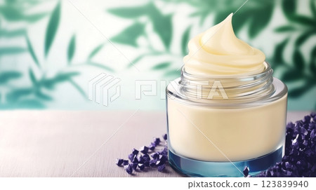Luxurious cream in a glass jar surrounded by lavender petals 123839940