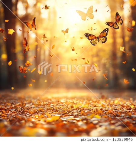 Butterflies soaring through autumn leaves in a sunlit forest 123839946