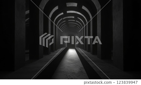 Dark corridor with arches leading to a distant light source 123839947