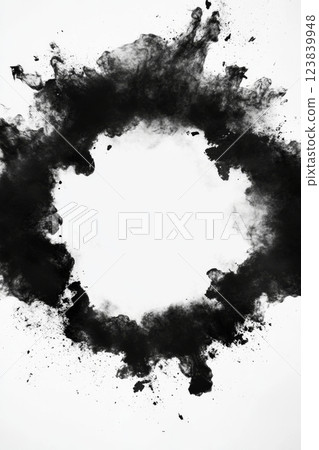 Black ink splatter creating a unique design on white background 123839948