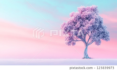 Vibrant pastel landscape featuring a solitary tree at sunset 123839973