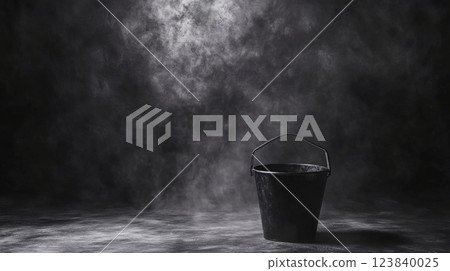 Black bucket on a dark surface with dramatic lighting effects 123840025