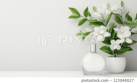 A stylish perfume bottle is placed beside a pot of flowers 123840027