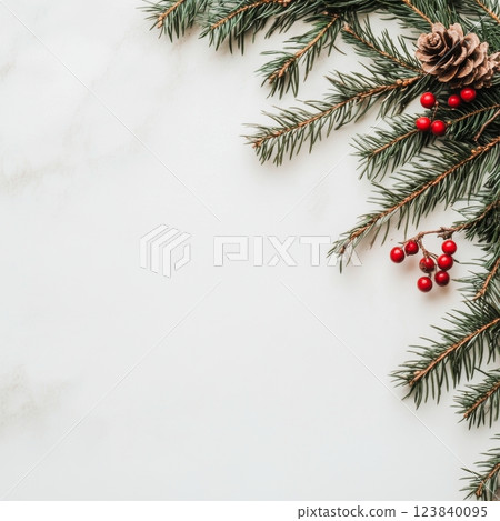Holiday decorations with evergreens and red berries 123840095