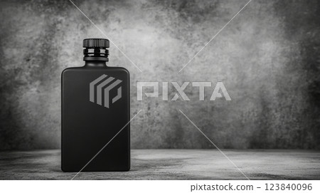 Black bottle on a textured gray background in a minimalist setting 123840096