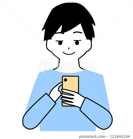 Illustration of a boy operating a smartphone while grinning 123840184