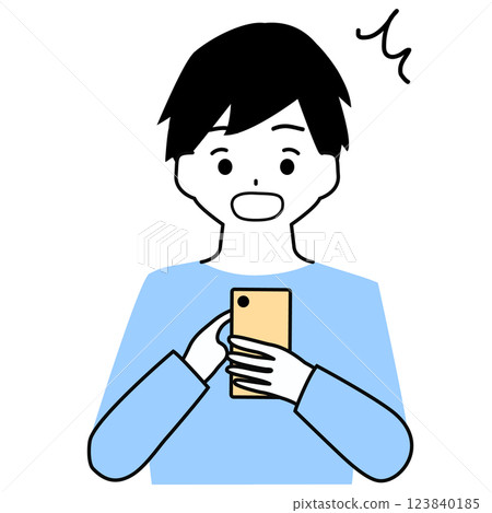 一個男孩帶著驚訝的表情操作智慧型手機的插圖 一個男孩帶著驚訝的表情操作智慧型手機的插圖 123840185