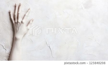 Elegant hand gently touching a textured white surface 123840208