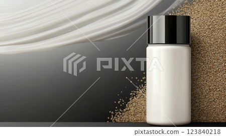 White container with black lid and scattered grains on a dark surface 123840218