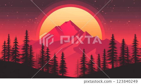 Colorful sunset over majestic mountains and tall pine trees 123840249