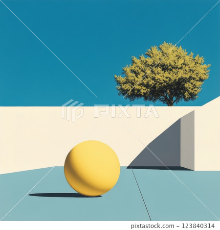 Simple geometric landscape with yellow sphere and tree Simple geometric landscape with yellow sphere and tree 123840314