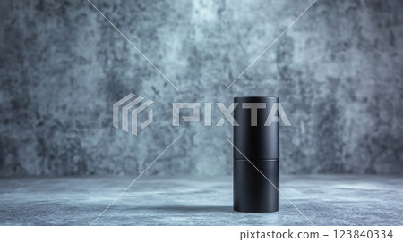 Minimalist black container on textured grey surface 123840334