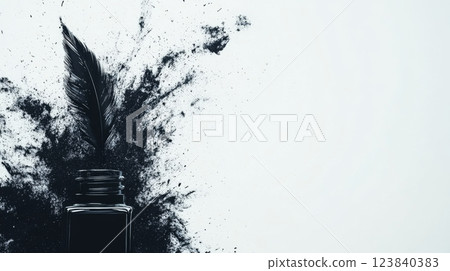 Ink splatter creation with quill and ink bottle on white backdrop 123840383