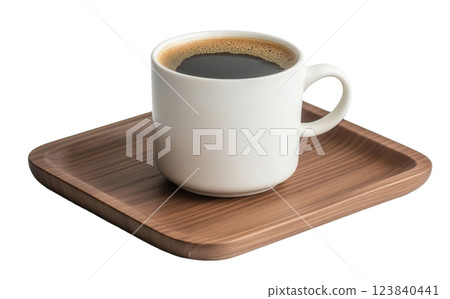 White Coffee Mug with Black Coffee on a Wooden Tray 123840441
