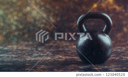 Solid black kettlebell rests on textured surface in gym setting 123840528