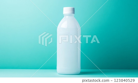 Milk bottle on a turquoise background with solid colors 123840529