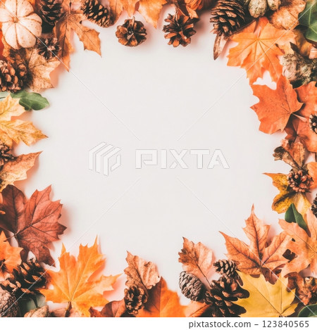 Colorful autumn leaves and pine cones arranged on a blank surface 123840565