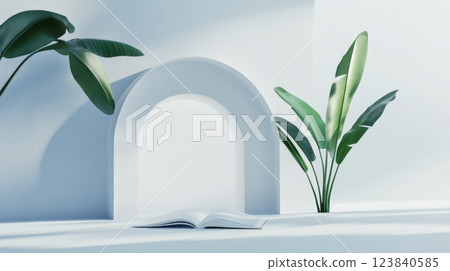 Minimalist interior design with plants and open book on table 123840585