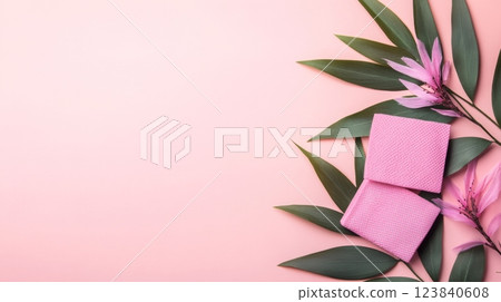 Soft pink cloths and tropical leaves arranged on a pastel background 123840608