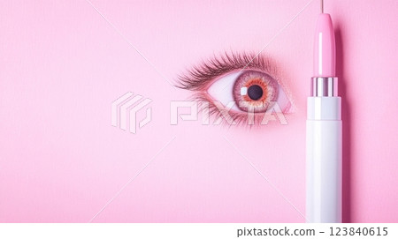 Eye care tool and a beautiful eye against a pink background 123840615