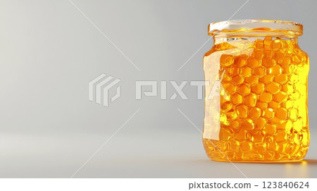 Honey jar filled with golden honey on a light background 123840624
