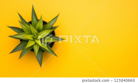 Green succulent plant on vibrant yellow 123840668