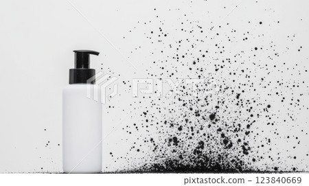 White pump bottle with black splash design White pump bottle with black splash design 123840669