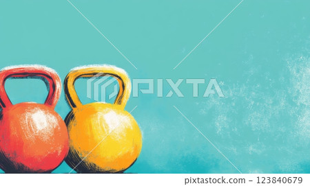 Pair of colorful kettlebells for fitness training 123840679