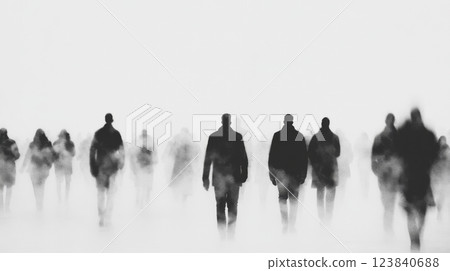 Blurred figures walking in mist 123840688