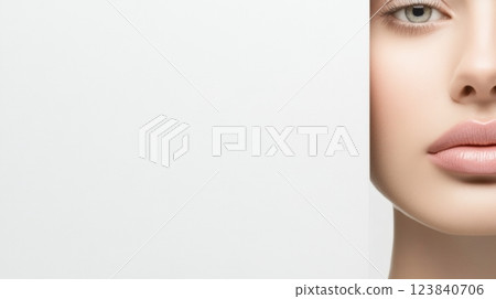 Half face beauty portrait with flawless skin in   lighting 123840706