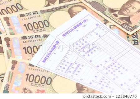 Image of salary (pay slip and banknotes) 123840770