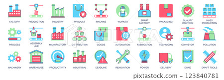 Factory icon set in flat color icons web design. Pack pictograms with production, industry, product, machine, worker, packaging, quality control, progress, assemble line, other. Vector illustration. 123840781