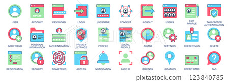 User account icon set in flat color icons web design. Pack pictograms with password, login, logout, two factor authentication, add friend, personal, information, settings, other. Vector illustration. 123840785