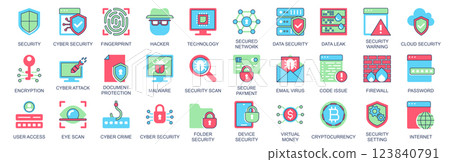 Cyber security icon set in flat color icons web design. Pack pictograms with fingerprint, hacker, technology, network, encryption, attack, document, protection, malware, other. Vector illustration. 123840791