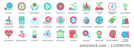 Ecology icon set in flat color icons web design. Pack pictograms with recycle, environment, nature, sustainability, forest, electric car, renewable energy, solar power, other. Vector illustration. 123840792