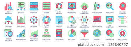 Data analytics icon set in flat color icons web design. Pack pictograms with database, server, analysis, monitoring, cloud computing, research, analyst, machine learning, other. Vector illustration. Data analytics icon set in flat color icons web design. Pack pictograms with database, server, analysis, monitoring, cloud computing, research, analyst, machine learning, other. Vector illustration. 123840797