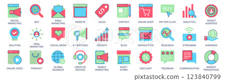 Digital marketing icon set in flat color icons web design. Pack pictograms with seo, sales, content, online shop, pay per click, analytics, target audience, advertising, other. Vector illustration. 123840799