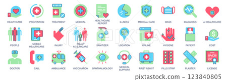 Healthcare icon set in flat color icons web design. Pack pictograms with prevention, treatment, medical, illness, care, diagnosis, people, injury, family, location, doctor, other. Vector illustration. 123840805