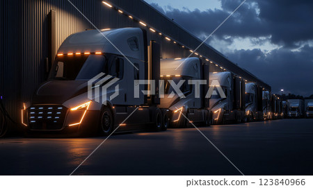 Row of generic brand electric semi trucks charging at night 123840966