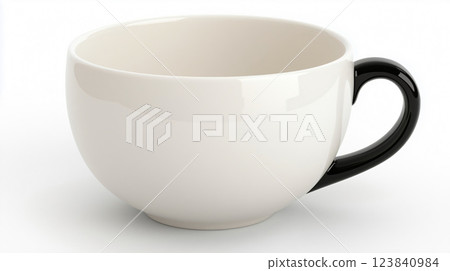 Simple white ceramic cup with black handle standing on white background Simple white ceramic cup with black handle standing on white background 123840984