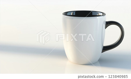 White ceramic cup with black handle standing on white desk 123840985