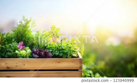Wooden crate overflowing with fresh herbs and vegetables in a rooftop garden 123840999