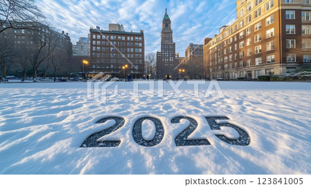 The year 2025 written in the snow covering a park in new york city 123841005