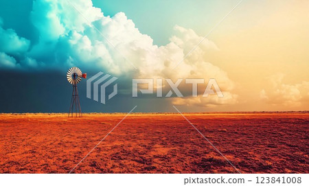 Solitary windmill standing in barren landscape under dramatic sky 123841008