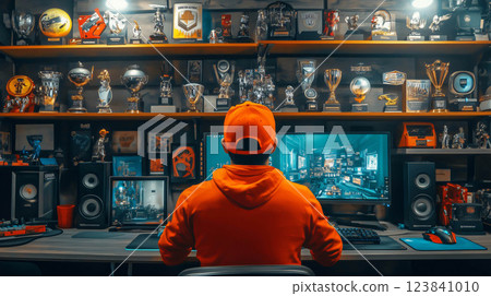 Pro gamer playing in gaming room surrounded by awards and trophies 123841010