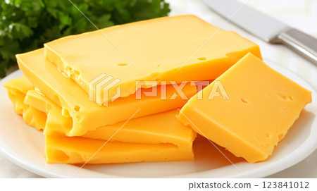 Slices of cheddar cheese neatly piled on white plate 123841012