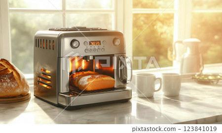 Modern toaster oven warming bread for breakfast on kitchen countertop 123841019